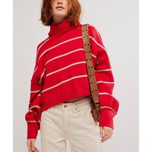 Free People Red and Cream Striped Turtleneck Sweater